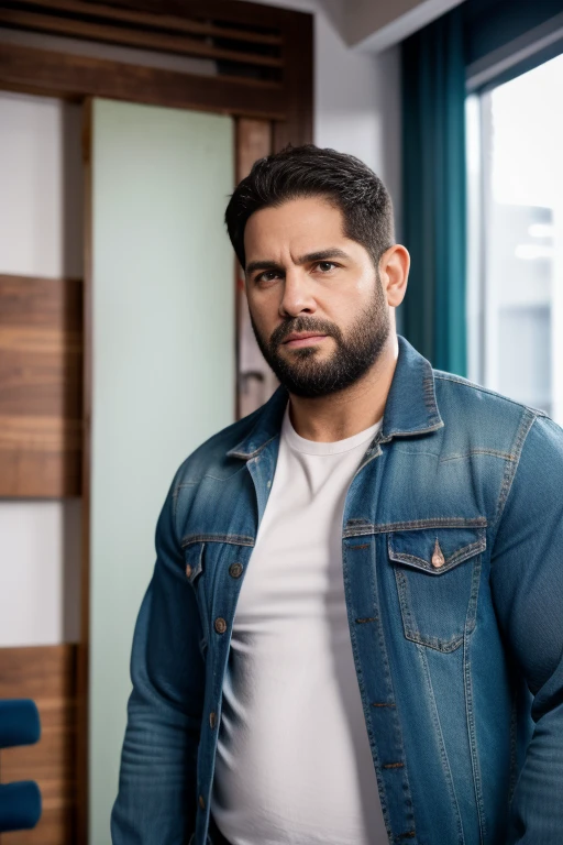 Realistic 8K image of a 33-year-old man, rubio, Fuerte, musculoso y nalgon, cabello corto, ojos verdes, Vestido con una camiseta blanca sin mangas y jeans negros, shy expression, de pie en la sala de estar de un apartamento sencillo, escena nocturna. Cuerpo completo jeans