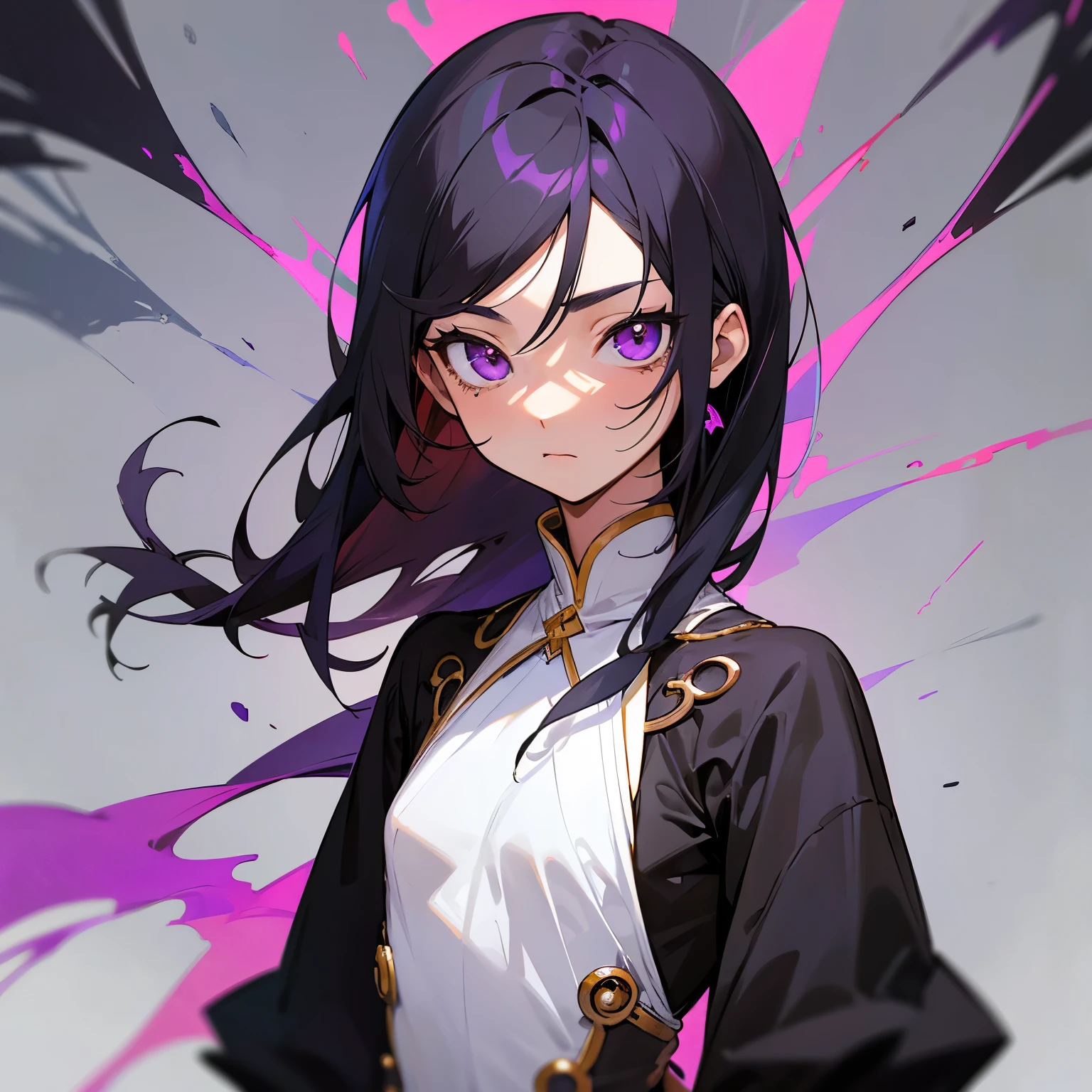 anime style, hombre joven, de piel morena, with noticeable scars in the form of small cuts and scratches on a toned body, vestido con ropas grandes y en mal estado de color negro, with a lost look and purple eyes, con el cabello largo de color blanco