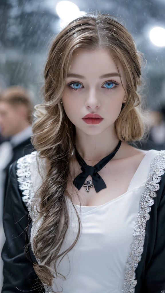 1 miniature Beautiful beautiful woman - Yuan Sayuki, ((top quality, 8K, Masterpiece:1.retty woman, 1 woman, huge breasts:1.3, a slim body:1.1, lush GINGER long hair with 2 buns, (shower, wet body, wet clothes:1.1), very detailed face, detailed lips, detailed eyes, double eyelids, Detailed blue eyes, чрезвычайно Detailed Outstanding Blue Eyes, long GINGER wet hair, GINGER wet hair, Detailed Outstanding Blue Eyes, innocent look at the viewer, very wet wavy white hair, Detailed Outstanding Blue Eyes, huge cross earrings, Outdoors, badges behind, gothic maid uniform,  sexy maid dress, bare chest, huge chest tattoo, detailed huge catholic cross earrings, chest tattoo, Outside, wear a silver cross (Detailed cross shape), reality mode, wet breasts, black necklace, human crowd behind, black latex gloves, hair of white snowy colour, night time, red neon lights, demonic nun, nimbus (golden lighting ring above her head), angel, snowy weather, sexy pose, white lingerie, black maid dress, detailed flower wreath made of different colours, open chest (tattoo on her chest)