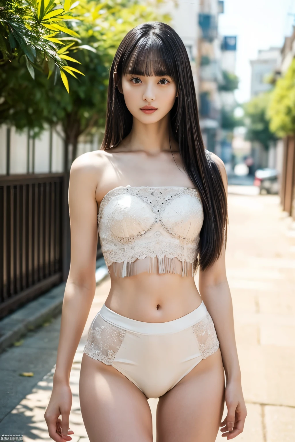 (masterpiece,best quality:1.2),(realistic,photo-realistic:1.4),high resolution,intricate details,exmetely detailed,solo,a 20 years old Japanese female idol,,(seductive clothes, sexy clothes:1.5),,(straight long hair,blunt bangs:1.5),(flat chest,small tits),(thin body,leaner figure,ribs stand out,small ass,thin waist,thin legs,skinny legs,thighs:1.2),(detailed face,detailed eyes),fine-textured skin,pale skin,photo background,outdoors,in the alley,daytime,sunny,in summer,