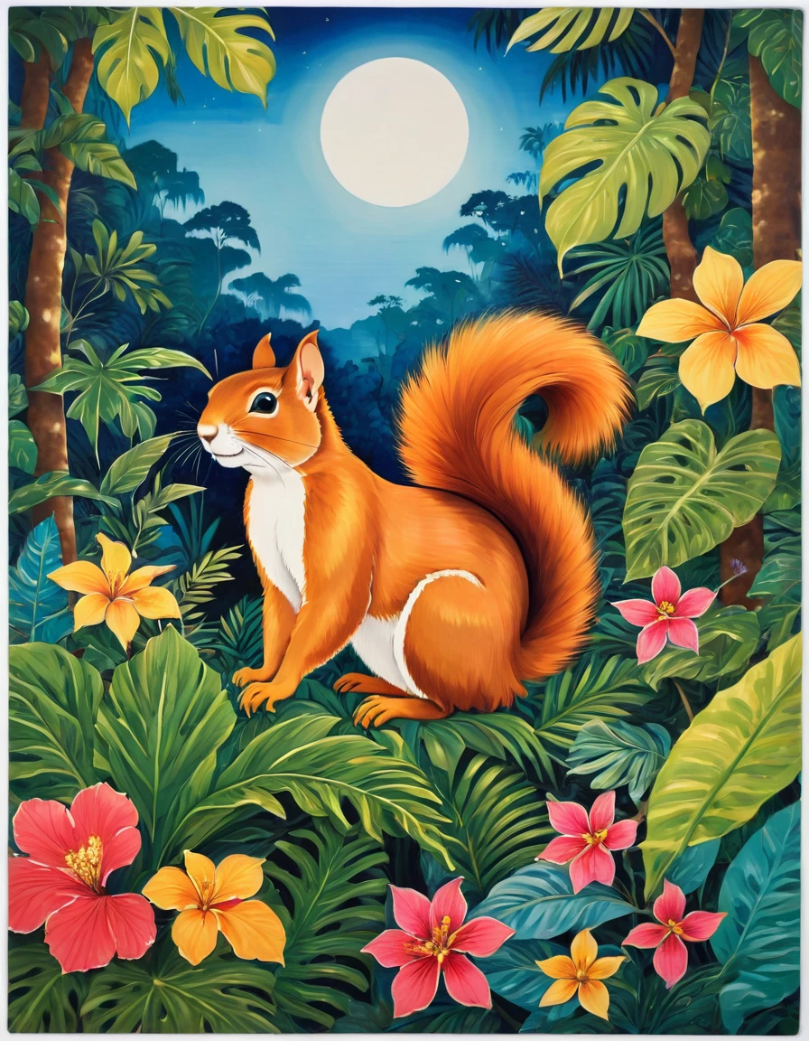 Create a naive art painting inspired by the vibrant and whimsical styles of Halyna Kulaga and Laurel Burch. Depict a beautiful squirrel girl amidst a lush jungle, surrounded by rich tropical foliage. Use bold, expressive strokes and textural elements to bring the scene to life.
Imagine the squirrel girl with a playful expression, her fur adorned with intricate patterns and vibrant colors. She is nestled among the dense greenery, with large, exotic leaves and colorful flowers framing her figure.
In the background, paint a radiant, colorful moon that casts a magical glow over the entire scene. The moon's hues blend harmoniously with the vivid colors of the jungle, creating a dreamlike atmosphere.
Incorporate elements of whimsy and fantasy, with bold and saturated colors, and let the painting radiate joy and enchantment. Use thick, textured brushstrokes to add depth and dimension, making the foliage and the squirrel girl's fur stand out.