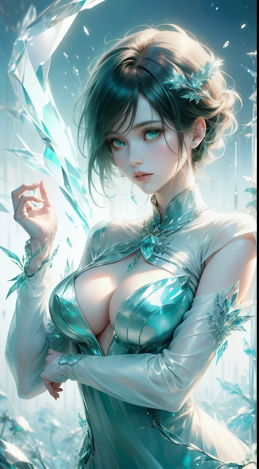 (masterpiece, top quality, the best, official art, Beautiful and beautiful, long term exposure: 1.2), Smooth movement, Charming Pattern, 1 girl, (long-sleeved dress: 1.3), (((Green clothes) )), Upper Body close-up, Bare shoulders, Chinese Girl, blush, black lob hair, portrait, Solitary, Upper Body, Looking at the observer, Detailed background, Delicate face, (crystallized aluminum, Crystal Theme:1.1), Elemental Wood Elves, rotation Yoko, control Yoko, Jade Clothing, Dynamic poses, floating particles, ethereal dynamics, Yoko, steam, forest in the background, Green tint, forest, Ethereal atmosphere,