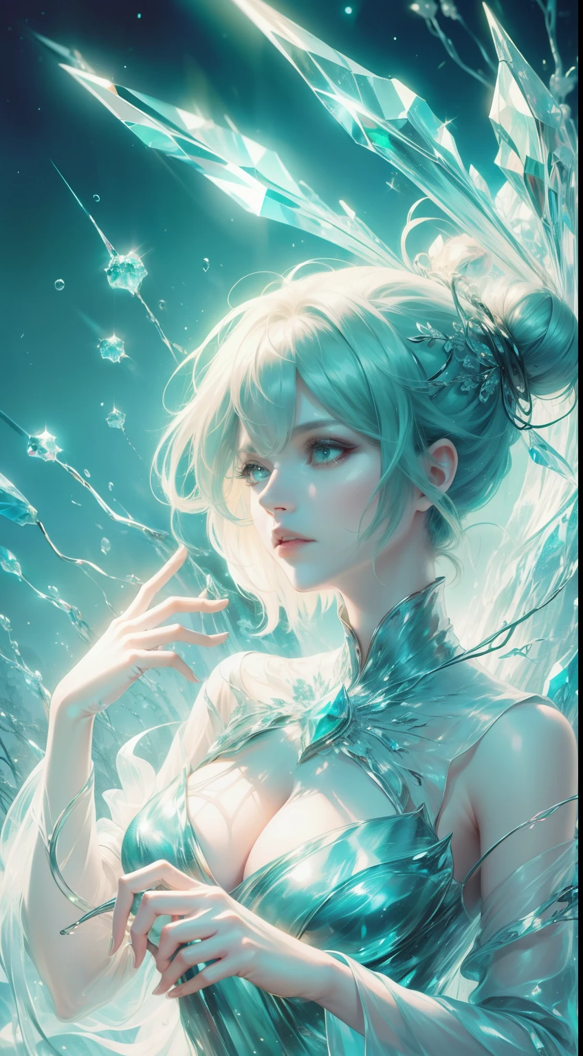 (masterpiece, top quality, the best, official art, Beautiful and beautiful, long term exposure: 1.2), Smooth movement, Charming Pattern, 1 girl, (long-sleeved dress: 1.3), (((Green clothes) )), Upper Body close-up, Bare shoulders, Chinese Girl, blush, black lob hair, portrait, Solitary, Upper Body, Looking at the observer, Detailed background, Delicate face, (crystallized aluminum, Crystal Theme:1.1), Elemental Wood Elves, rotation Yoko, control Yoko, Jade Clothing, Dynamic poses, floating particles, ethereal dynamics, Yoko, steam, forest in the background, Green tint, forest, Ethereal atmosphere,