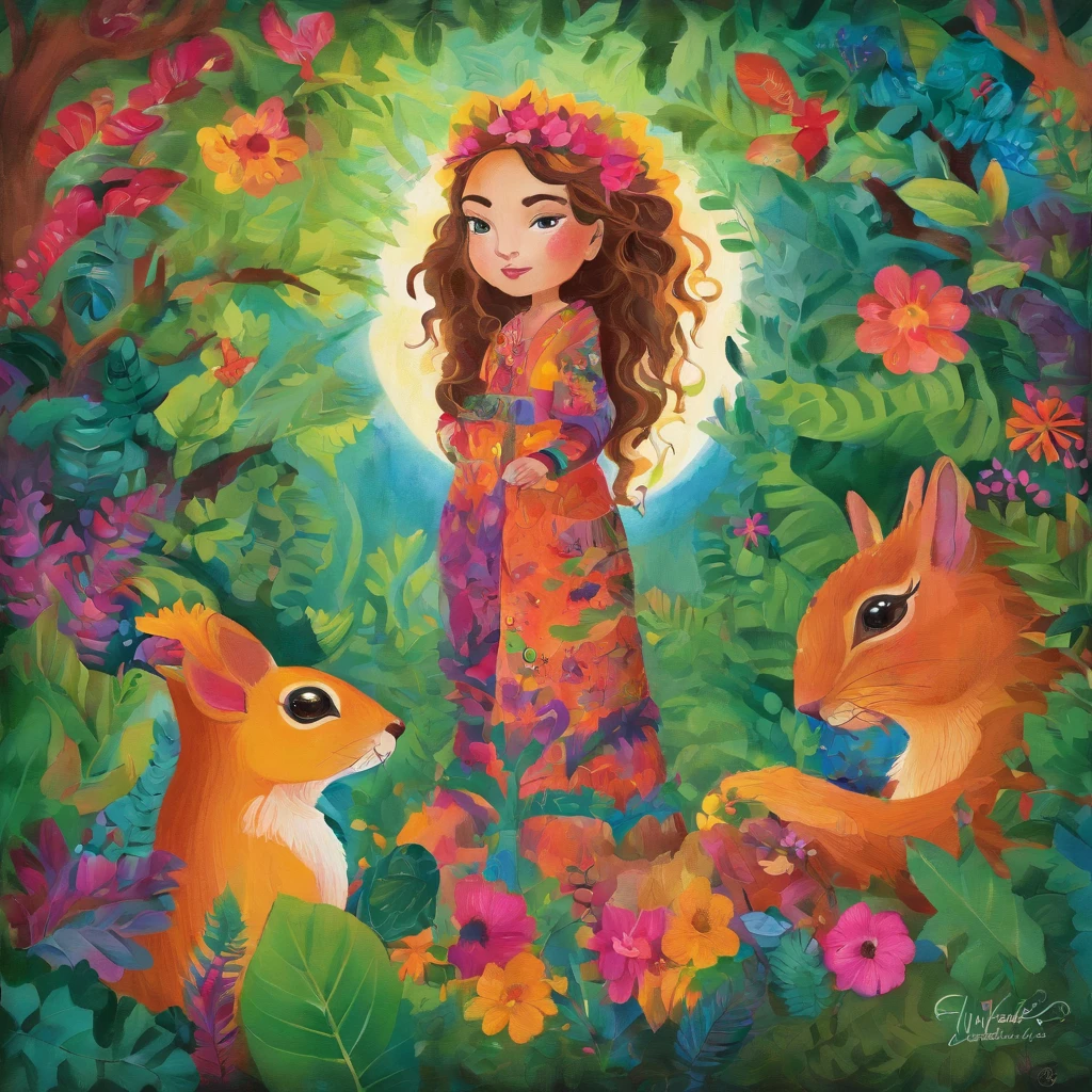 Create a naive art painting inspired by the vibrant and whimsical styles of Halyna Kulaga and Laurel Burch. Depict a beautiful squirrel girl amidst a lush jungle, surrounded by rich tropical foliage. Use bold, expressive strokes and textural elements to bring the scene to life.
Imagine the squirrel girl with a playful expression, her fur adorned with intricate patterns and vibrant colors. She is nestled among the dense greenery, with large, exotic leaves and colorful flowers framing her figure.
In the background, paint a radiant, colorful moon that casts a magical glow over the entire scene. The moon's hues blend harmoniously with the vivid colors of the jungle, creating a dreamlike atmosphere.
Incorporate elements of whimsy and fantasy, with bold and saturated colors, and let the painting radiate joy and enchantment. Use thick, textured brushstrokes to add depth and dimension, making the foliage and the squirrel girl's fur stand out.