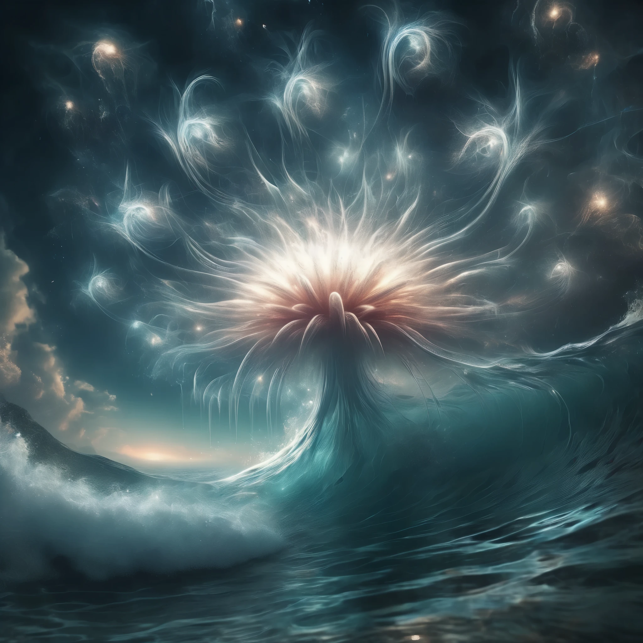 Blend fantasy and reality as 3D fireworks merge with ethereal fractal creatures, symbolizing the sea, their shimmering forms intertwining in a celestial symphony of light and motion, evoking the awe-inspiring beauty of the cosmos.