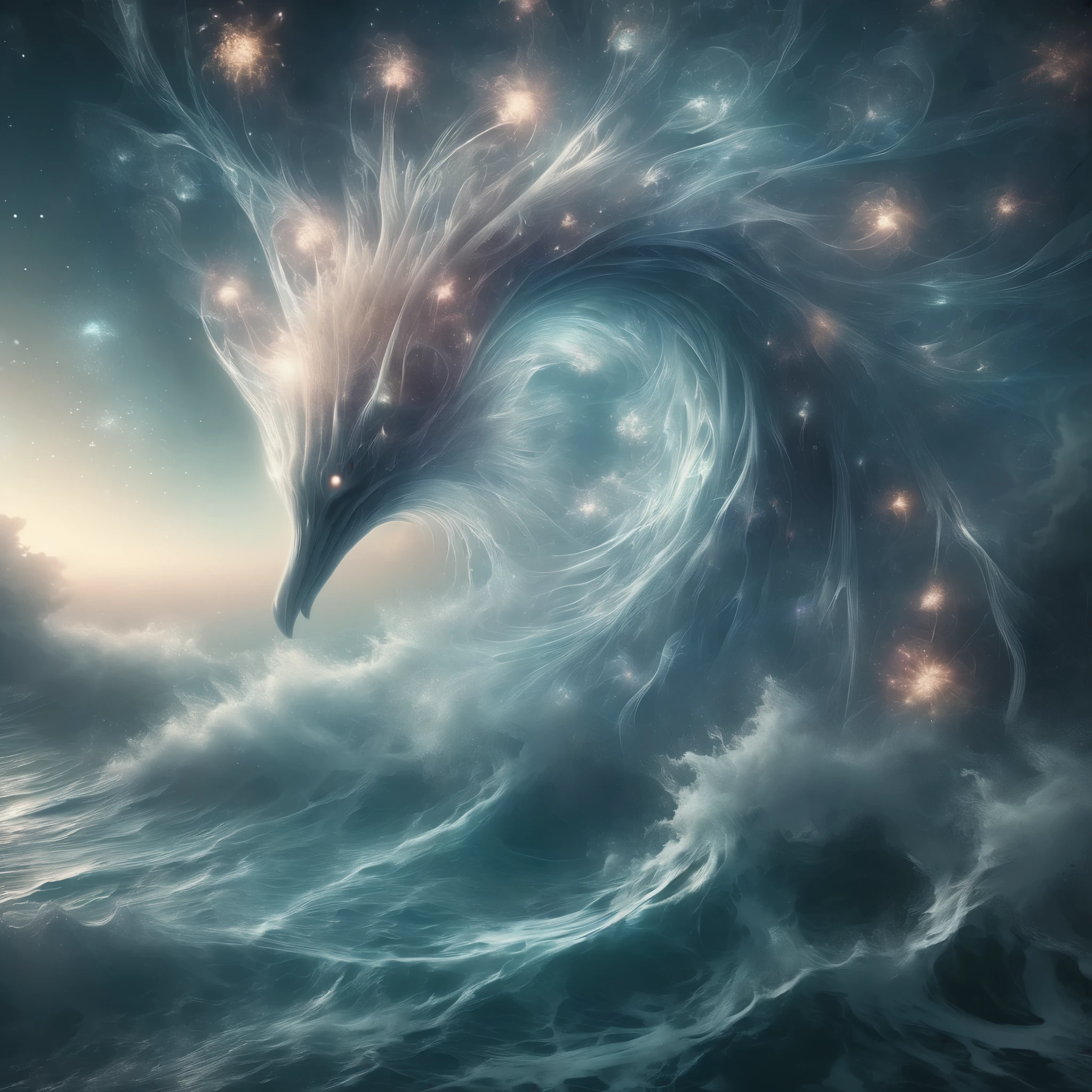 Blend fantasy and reality as 3D fireworks merge with ethereal fractal creatures, symbolizing the sea, their shimmering forms intertwining in a celestial symphony of light and motion, evoking the awe-inspiring beauty of the cosmos.