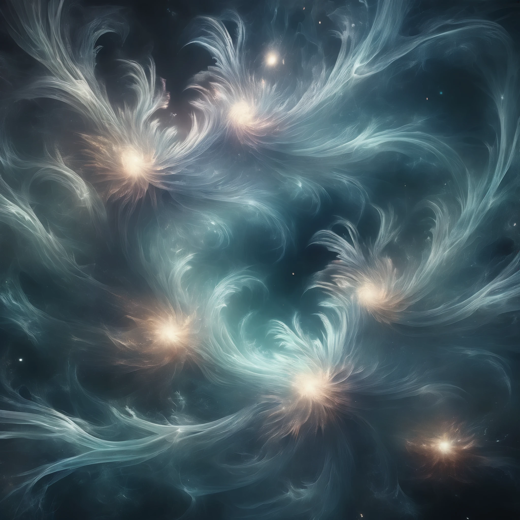 Blend fantasy and reality as 3D fireworks merge with ethereal fractal creatures, symbolizing the sea, their shimmering forms intertwining in a celestial symphony of light and motion, evoking the awe-inspiring beauty of the cosmos.