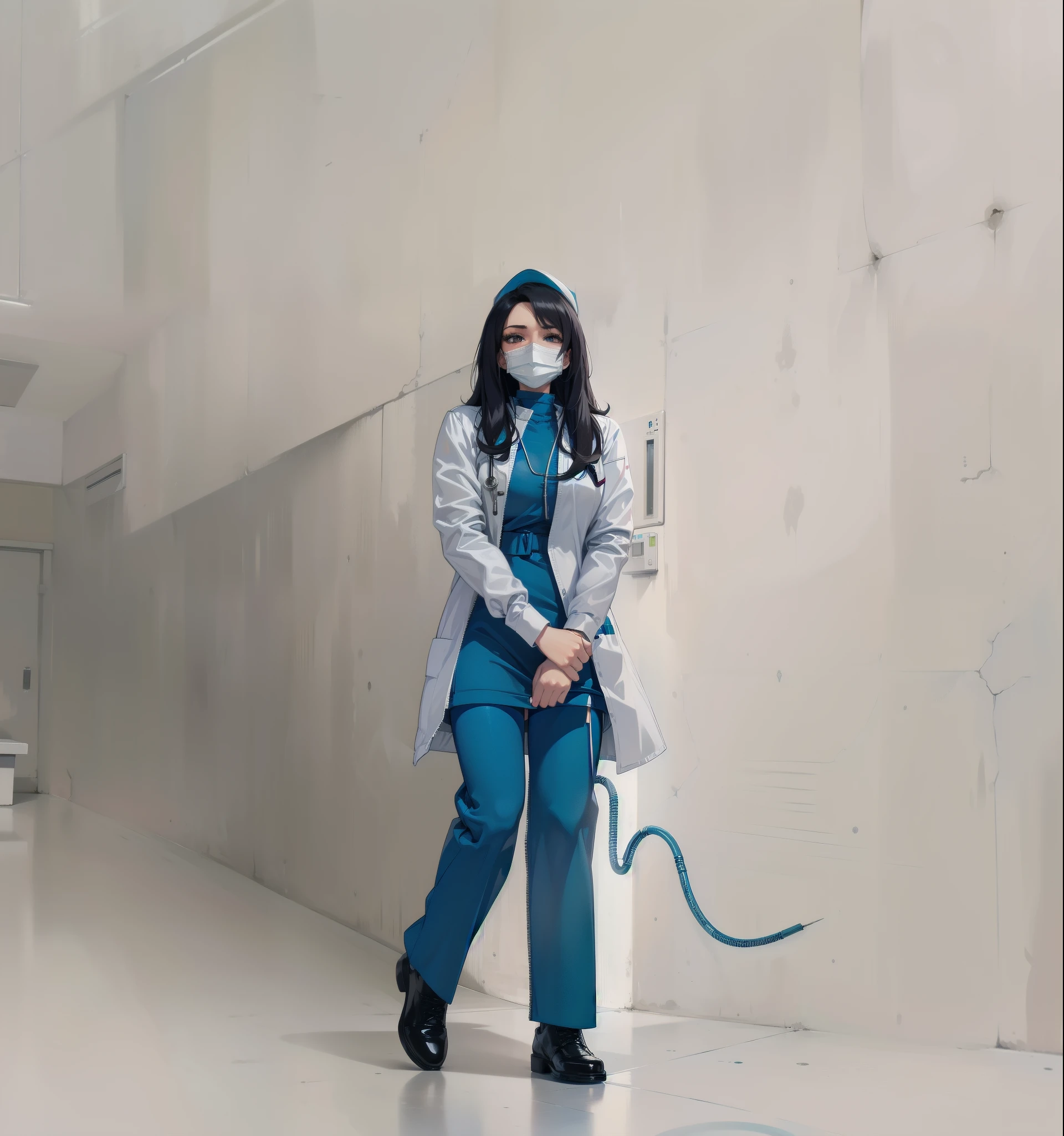 1mujer, Enfermero, Enfermero Cap, white items, ((calzas blancas, zettai ryouiki)), guantes blancos, los anteojos, pelos azules, ((White surgical mask, cubrir la nariz)), de pie, ((cuarto de hospital)), sharp contour, mangas cortas, una mujer madura, 35 years, mejor calidad, mesa
