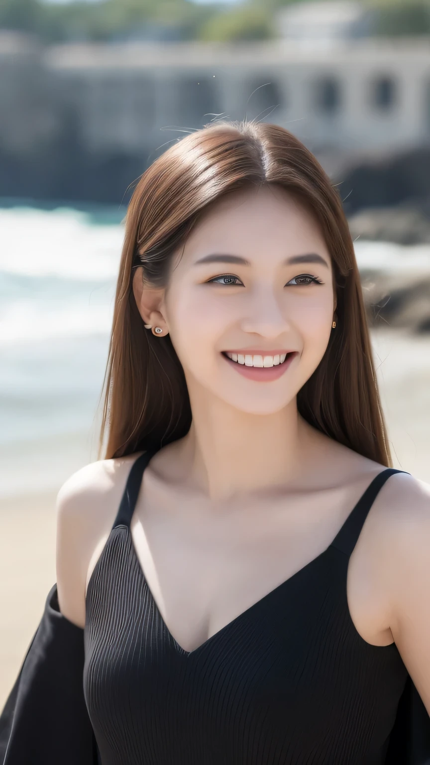 ((highest quality, 8k, masterpiece: 1.3)), Clear focus: 1.2, 1 girl, Perfect figure: 1.4, Slim Abs: 1.1, ((Dark brown hair)), Black Dress, (Outdoor, noon: 1.1), blurred beach background, Very beautiful face, Beautiful Eyes, double eyelid,smile,Dimples,