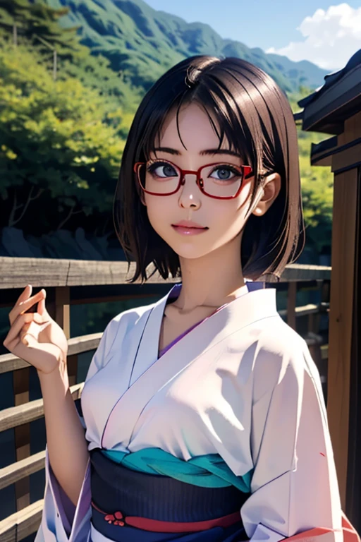 (masterpiece, highest quality), One Girl,  Satou, Satou, Glasses, yukata, Satou, Glasses, 赤いフレームのGlasses, Onsen town in Japan:1.5,Head to waist,yukata:1.6,hot spring,Dogo Onsen,Kusatsu Hot Springs,