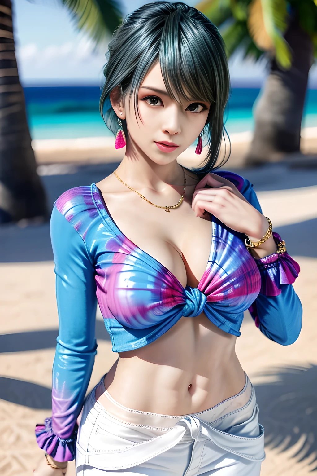 1girl, BREAK ((colorful, multicolor, vivit) theme:1.4), (a tie-dyed pattern tops with flashy colors reminiscent of a tropical vacation:1.3), (long bell sleeve knot front shirt witn tie-dyed pattern:1.5), (express gradation using many bright colors:1.3), ((bare stomach, navel):1.3), ((collarbone, emphasize cleavage):1.3),BREAK (white theme:1.2), (tight white cropped pants:1.4), BREAK (earrings:1.3), , appealing cleavage,( beautiful tattoo:1.2), overhead view, beautiful detailed eyes, beautiful detailed lips, extremely detailed eyes and face, long eyelashes, feminine charm, detailed texture, snug fit, fashionable, soft fabric, radiant skin, (best quality,4k,8k,highres,masterpiece:1.2), ultra-detailed, (realistic,photorealistic,photo-realistic:1.37), tamaki
