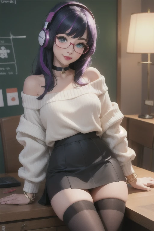 ((best quality)), ((masterpiece)), (detailed), perfect face, female, gamer girl, aqua eyes, cherry-red lips, light smile, long black hair, purple streaks, wearing headphones, bangs, ribbon, choker, bracelet, nerdy glasses, sleeves past fingers, black off-shoulder sweater, skirt, thigh-highs