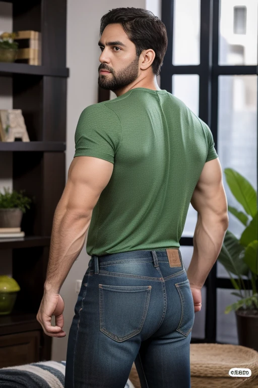 Realistic 8K image of a 33-year-old man, rubio,(( Fuerte, musculoso y nalgon)), cabello corto, ojos verdes, Vestido con una camiseta blanca sin mangas y jeans negros, shy expression, de pie en la sala de estar de un apartamento sencillo, escena nocturna. Big muscles body, Big butt, Cuerpo completo jeans