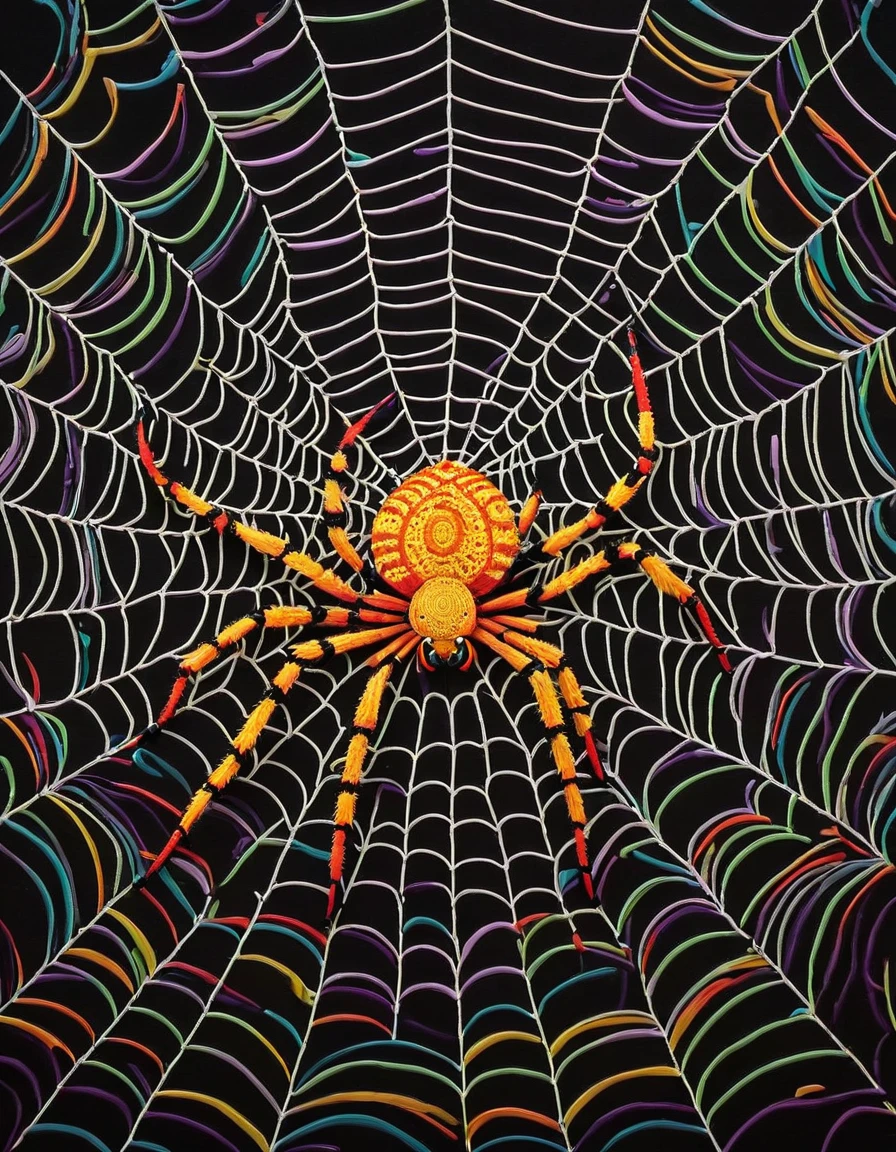 a whimsical spider weaving an intricate web nearby, its body adorned with bright, decorative patterns. The spider adds an element of intrigue and wonder to the scene, blending seamlessly with the playful and fantastical theme.

