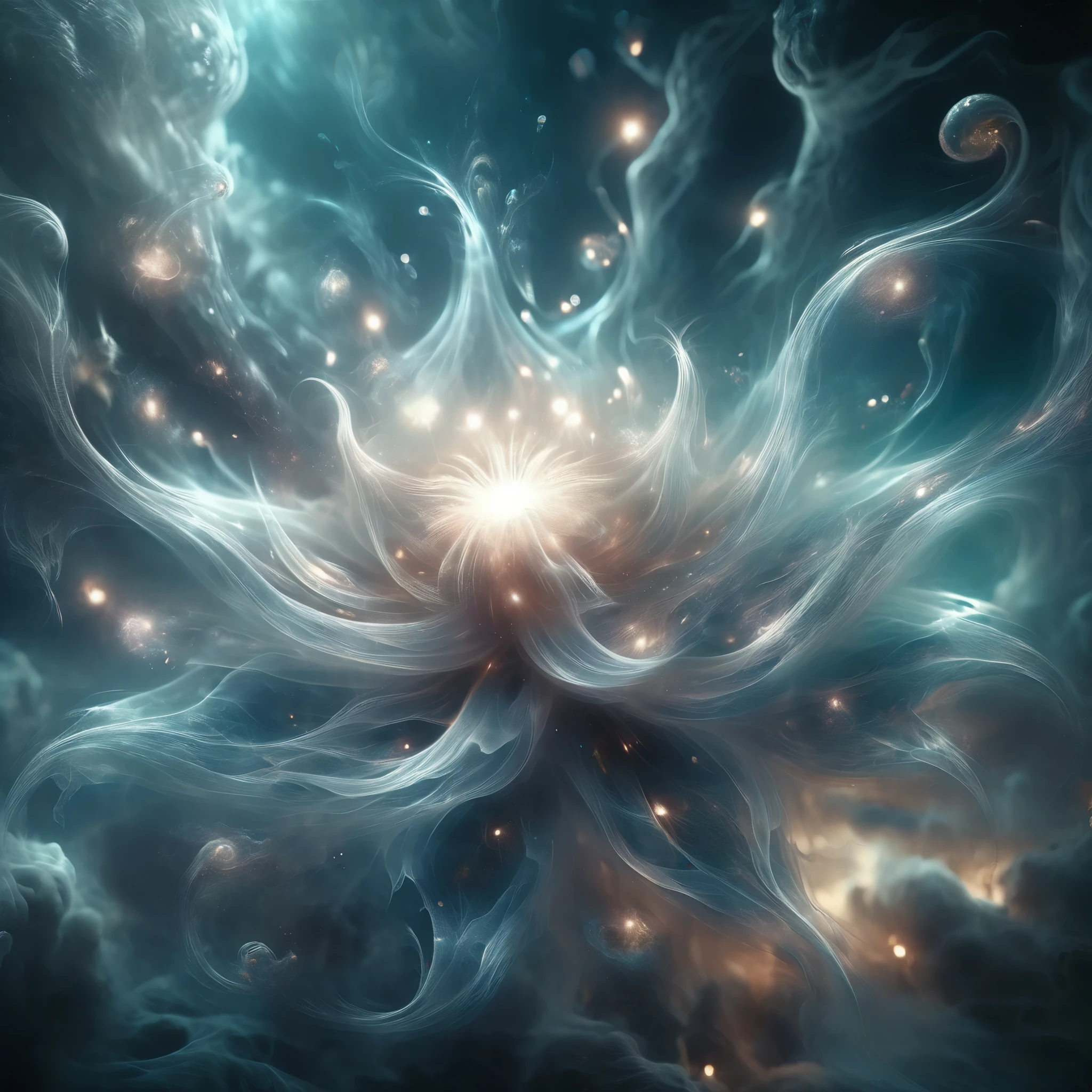 Blend fantasy and reality as 3D fireworks merge with ethereal fractal creatures, symbolizing the sea, their shimmering forms intertwining in a celestial symphony of light and motion, evoking the awe-inspiring beauty of the cosmos.