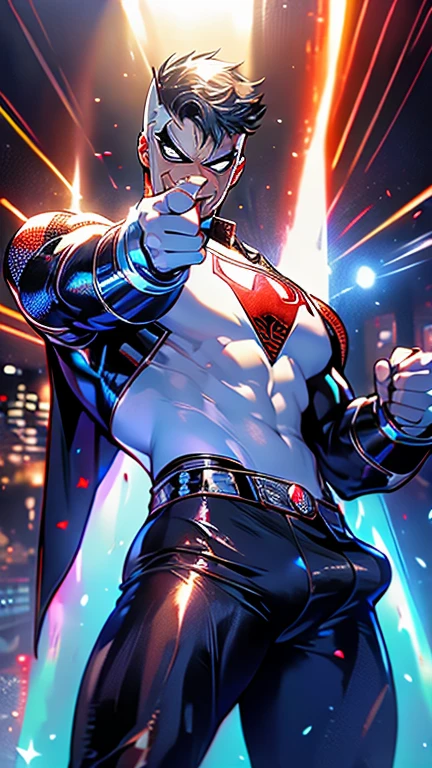 1male, Villian, Superhero, mask with evil smile, white leather outfit, with metal plating, finger guns shooting a beam of light, giant toy train,