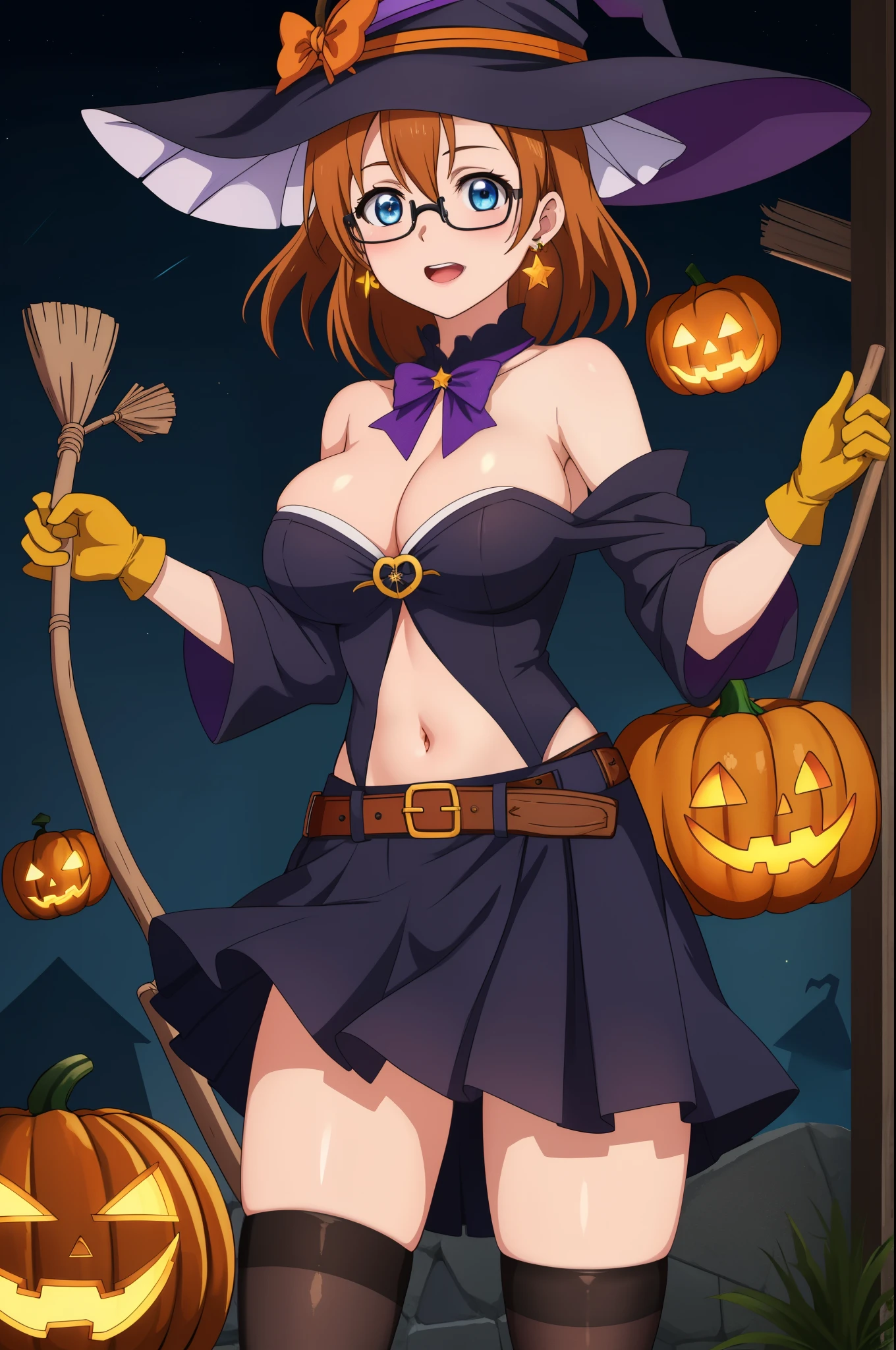 (Masterpiece, Best Quality, High Quality), cowboy shot,kousaka honoka, blue eyes,volumetric lighting, illustration, beautiful, breasts, skirt, large_breasts, black_hair, thighhighs, gloves, hat, jewelry, earrings, glasses, belt, star_(symbol), witch_hat, clothes_pull, broom, halloween, jack-o'-lantern, witch, pumpkin, broom_riding, navel , exposed groin