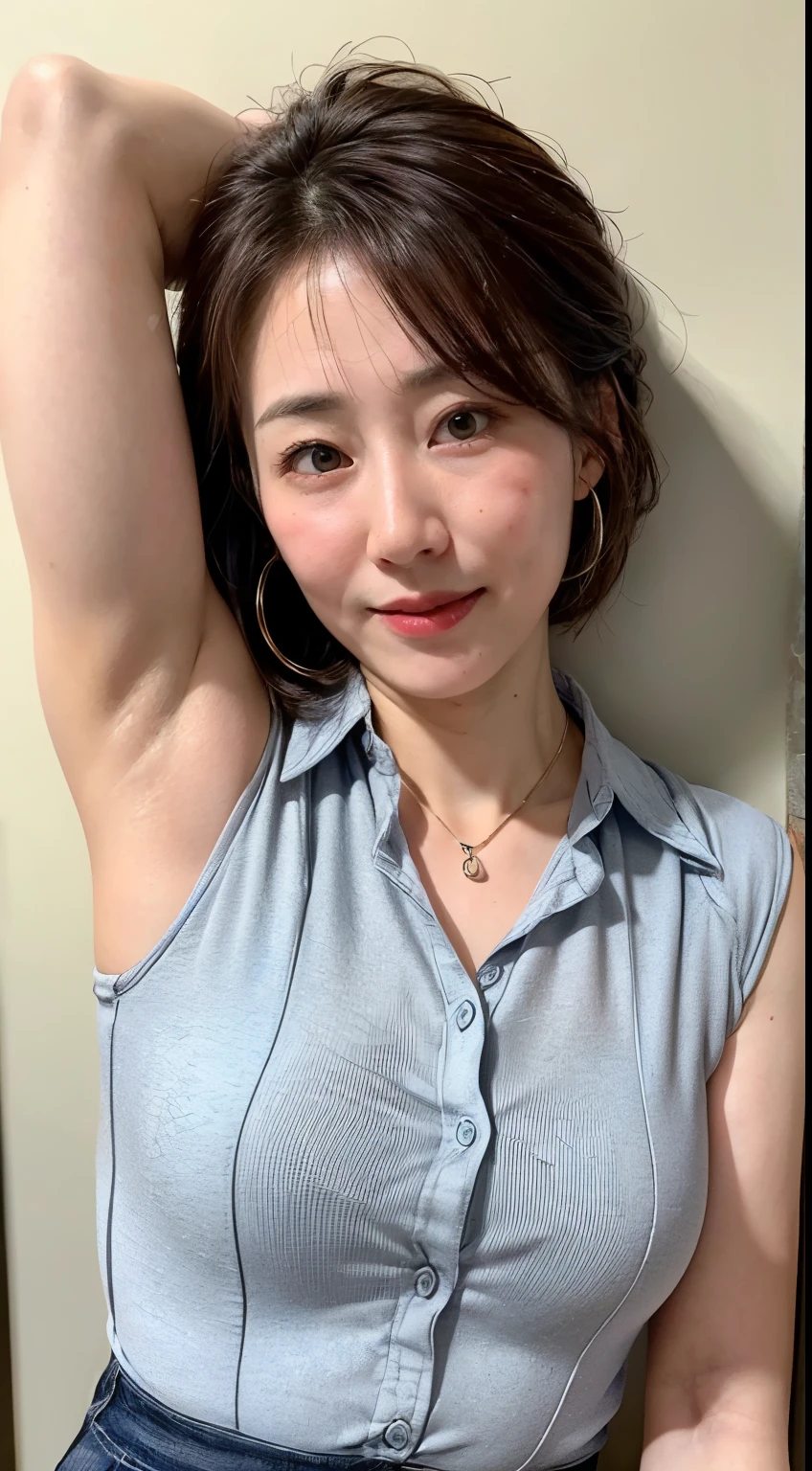 (Realistic:1.3、Ultra HD、Ultra-high resolution、8k、Japanese Housewife、At work、White collared shirt、Sleep on your back)、((Looking at the camera:1.8))、(Extremely realistic skin texture:1.4)、(Realistic:1.3)、short hair、(Embarrassed expression:1.5)、(blonde:1.1)、(40-year-old woman、Mature Woman)、Ponytail hairstyle、(Lift your left arm and show your armpit:1.3)、(Armpit close-up:1.4)、(Shooting from the side:1.2)、necklace、Earrings