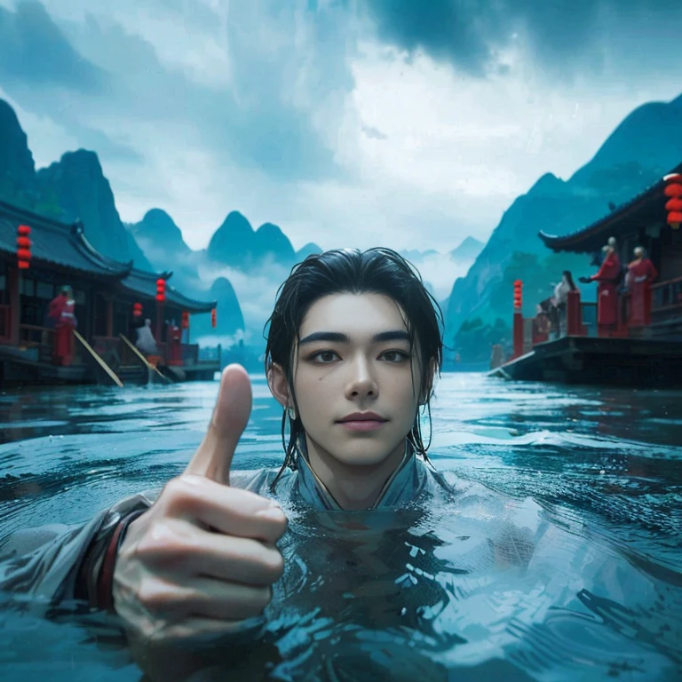 (Best Quality:1.2), (high resolution:1.2), (beautiful face and eye:1.5), (sharpest focus:1.2), (Ultra-realistic Photo:1.2), (Ultra-precise Photo:1.2), (Depth of field:1.2), (8k high resolution:1.2). (perfect anatomy:1.2),
(nice hands:1.5), (perfect hands:1.5), (One drowning Chinese man:1.2), (Very young and beautiful Chinese man:1.0), (Smiling thumbs up in a state of resignation:1.2), (Looking up angle:1.2),
(Chinese warrior in very light clothing, beaten up:1.0), (Majestic Chinese river:1.0), (Cynical smile:1.0), (Giant battleship:1.0), (Mars shining reddish-red in the night sky:1.2),