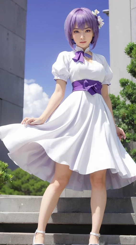 AYANE, purple hair, (melhor qualidade,ultra-detalhado,Realista:1.37), lindo rosto detalhado,Simetria perfeita,corpo perfeitamente modelado,Maquiagem perfeita,cores vivas,studio lighting