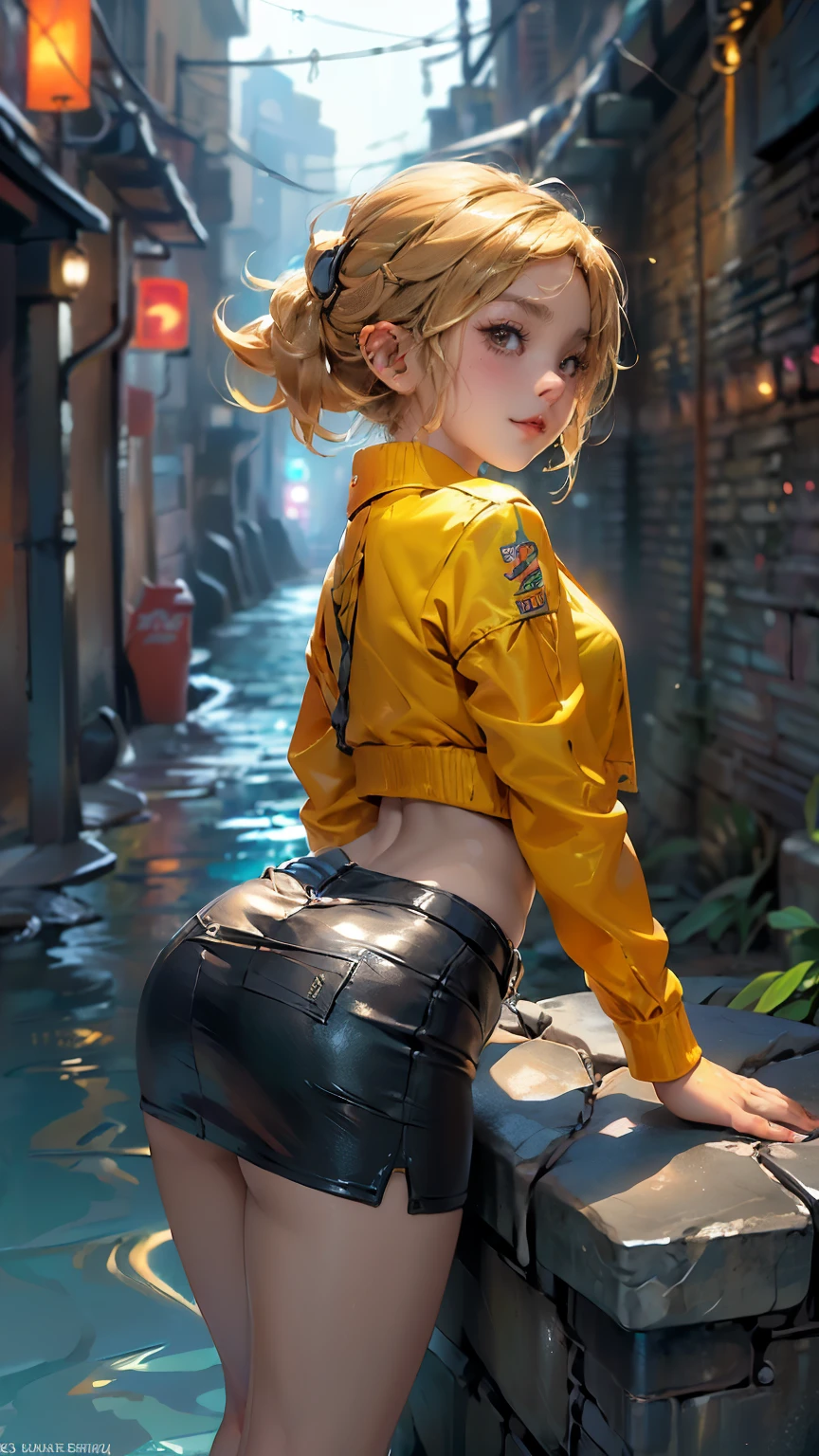 (rear view, backside view),Pon un pie en la plataforma.、Backward position, (Levanta y enfatiza un lado de tu trasero.)、wearing a light orange cardigan(of the highest quality))、((obra maestra)、brillo de piel real、(((( girl))))、Close-up view of a short blonde loser with braids on the tropical coast looking up from the basement)、(Bikini blanco opaco)、Use medias de rejilla en el pecho。pose sexy、mis pechos han crecido、Atardecer、leve sonrisa、((1 piel brillante.7)), (background alley stone walls lights neon water :1.4), (pose vaquero)