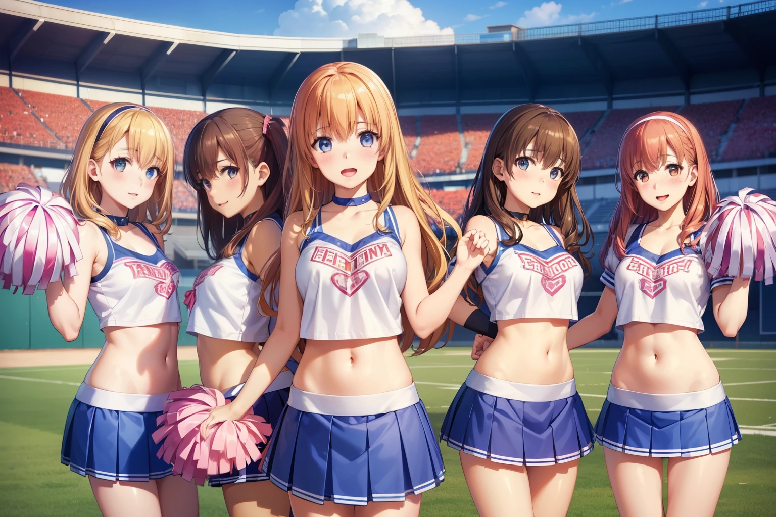 5girls, (multiple girls), highly detailed, best quality, illustration, game cg, perfect anatomy, beautiful cute face girl, beautiful hair, beautiful detailed eyes, choker, cheerleader, midriff, cheerleader skirt, school field, natural lighting, aichan, latifa fleuranza, yuigahama yui