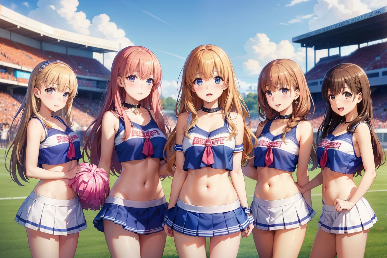 5girls, (multiple girls), highly detailed, best quality, illustration, game cg, perfect anatomy, beautiful cute face girl, beautiful hair, beautiful detailed eyes, choker, cheerleader, midriff, cheerleader skirt, school field, natural lighting, aichan, latifa fleuranza, yuigahama yui