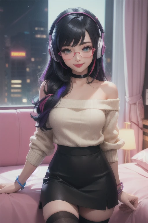 ((best quality)), ((masterpiece)), (detailed), perfect face, female, gamer girl, aqua eyes, cherry-red lips, light smile, long black hair, purple streaks, wearing headphones, bangs, ribbon, choker, bracelet, nerdy glasses, sleeves past fingers, black off-shoulder sweater, skirt, thigh-highs, gamer girl's bedroom, nighttime, neon lights, colorful lights