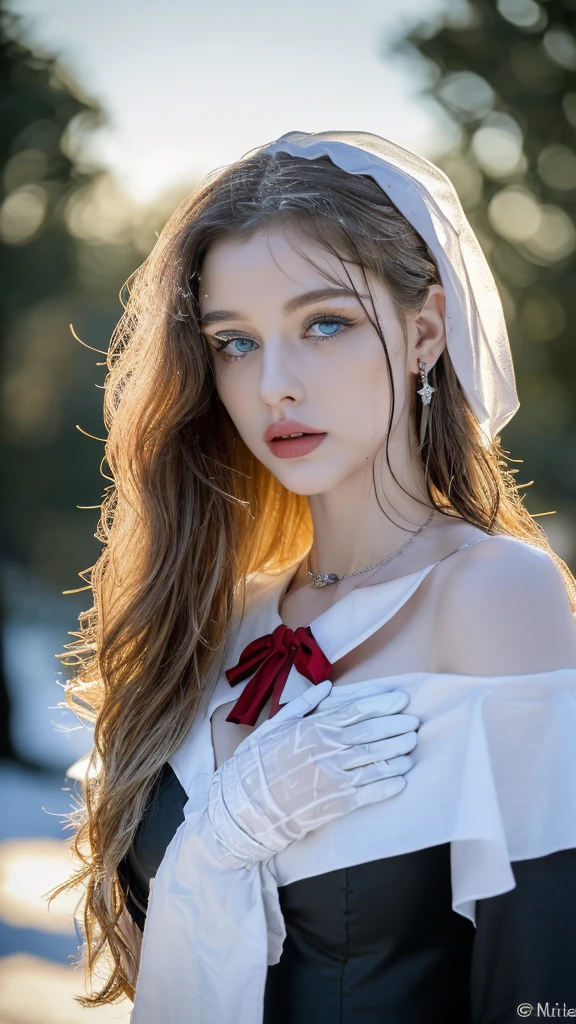 1 miniature Beautiful beautiful woman - Yuan Sayuki, ((top quality, 8K, Masterpiece:1.retty woman, 1 woman, huge breasts:1.3, a slim body:1.1, lush GINGER long hair with 2 buns, (shower, wet body, wet clothes:1.1), very detailed face, detailed lips, detailed eyes, double eyelids, Detailed blue eyes, чрезвычайно Detailed Outstanding Blue Eyes, long GINGER wet hair, GINGER wet hair, Detailed Outstanding Blue Eyes, innocent look at the viewer, very wet wavy white hair, Detailed Outstanding Blue Eyes, huge cross earrings, Outdoors, badges behind, gothic maid uniform, sexy maid dress, bare chest, huge chest tattoo, detailed huge catholic cross earrings, chest tattoo, Outside, wear a silver cross (Detailed cross shape), reality mode, wet breasts, black necklace, human crowd behind, black latex gloves, hair of white snowy colour, night time, red neon lights, demonic nun, nimbus (golden lighting ring above her head), angel, snowy weather, sexy pose, white lingerie, black maid dress, detailed flower wreath made of different colours, open chest (tattoo on her chest)