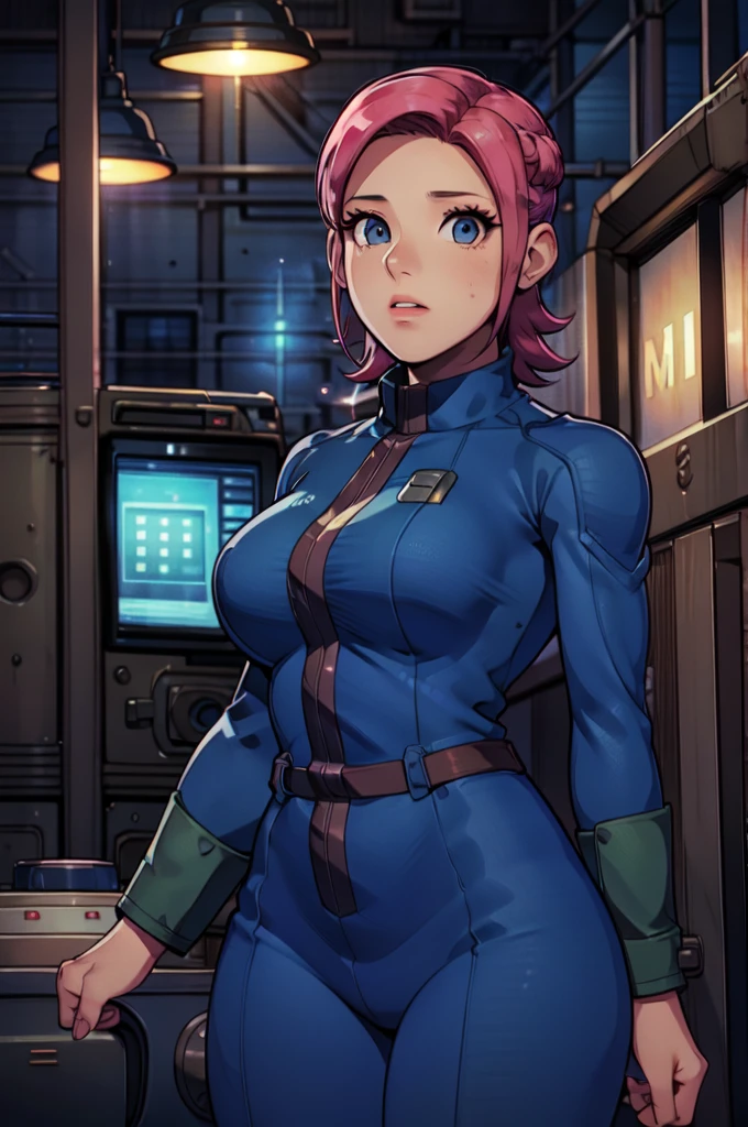 Mayl Sakurai reimagined as a vault dweller, doing maintenance in an underground vault. Her vibrant pink hair stands out against the dimly lit environment. She is a 26-year-old woman dressed in a vault dweller jumpsuit, indicative of her role in the post-apocalyptic world. The jumpsuit is worn but still functional, reflecting the harsh conditions of life underground. Her face is beautifully detailed, with expressive eyes that convey determination and intelligence. Her lips are also well-defined, adding to her overall allure.

In the vault, Mayl Sakurai is seen operating a pipboy, a wrist-worn device that serves as an essential tool and information hub for survival in the vault. The pipboy's screen emits a soft glow, illuminating Mayl's face and casting a subtle green hue on the surroundings. The details on the pipboy, from its buttons to its display, are extremely detailed, showcasing its futuristic design.

The underground vault is filled with mechanical equipment and pipes, emphasizing the importance of maintenance in this post-apocalyptic world. The atmosphere is gritty and industrial, with a hint of mystery and danger. The lighting is dim and has a hint of blue tones, enhancing the underground ambiance.

Despite the grim surroundings, Mayl Sakurai exudes confidence and strength as she jumps into action, ready to fulfill her duties as a vault dweller. Her posture and expression suggest that she is prepared to face any challenge that comes her way.

The image quality should be at its best, with 4K resolution and ultra-detailed rendering, capturing every intricate detail of the scene. The colors should be vivid, emphasizing the contrast between Mayl's vibrant pink hair and the dimly lit environment. The overall style should lean towards a post-apocalyptic concept art aesthetic, blending realism with a touch of fantasy.

In summary, the Stable Diffusion prompt for the provided theme would be:
Mayl Sakurai reimagined as a vault dweller, doing maintenance in an undergr