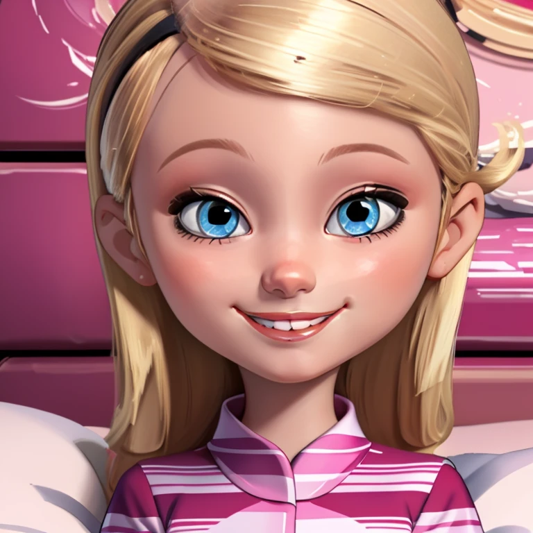 1girl, , solo, smile, cute, looking at viewer, sleepy, pink, pink bedroom, penny peterson, long blonde hair, blonde hair, blue eyes, lolicon, laying in bed, pussy