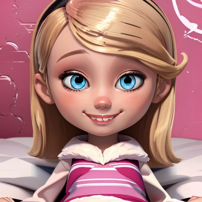 1girl, , solo, smile, cute, looking at viewer, sleepy, pink, pink bedroom, penny peterson, long blonde hair, blonde hair, blue eyes, lolicon, laying in bed, pussy