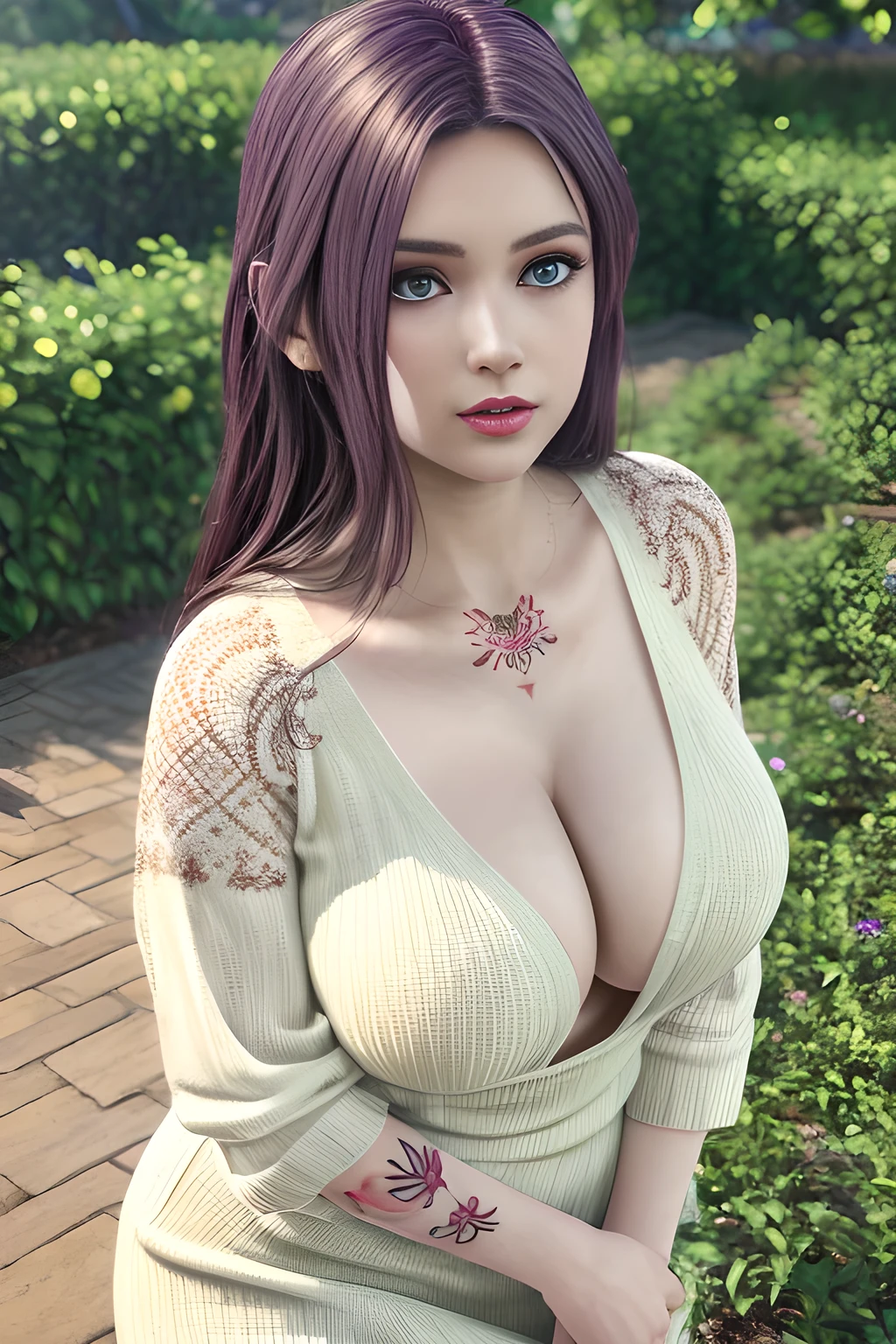 1girl, in a garden, white knit dress, appealing cleavage,( beautiful tattoo:1.2), overhead view, beautiful detailed eyes, beautiful detailed lips, extremely detailed eyes and face, long eyelashes, greenery around, blooming flowers, bright sunlight, shady trees, outdoor setting, feminine charm, detailed texture, snug fit, fashionable, soft fabric, radiant skin, (best quality,4k,8k,highres,masterpiece:1.2), ultra-detailed, (realistic,photorealistic,photo-realistic:1.37), elise,