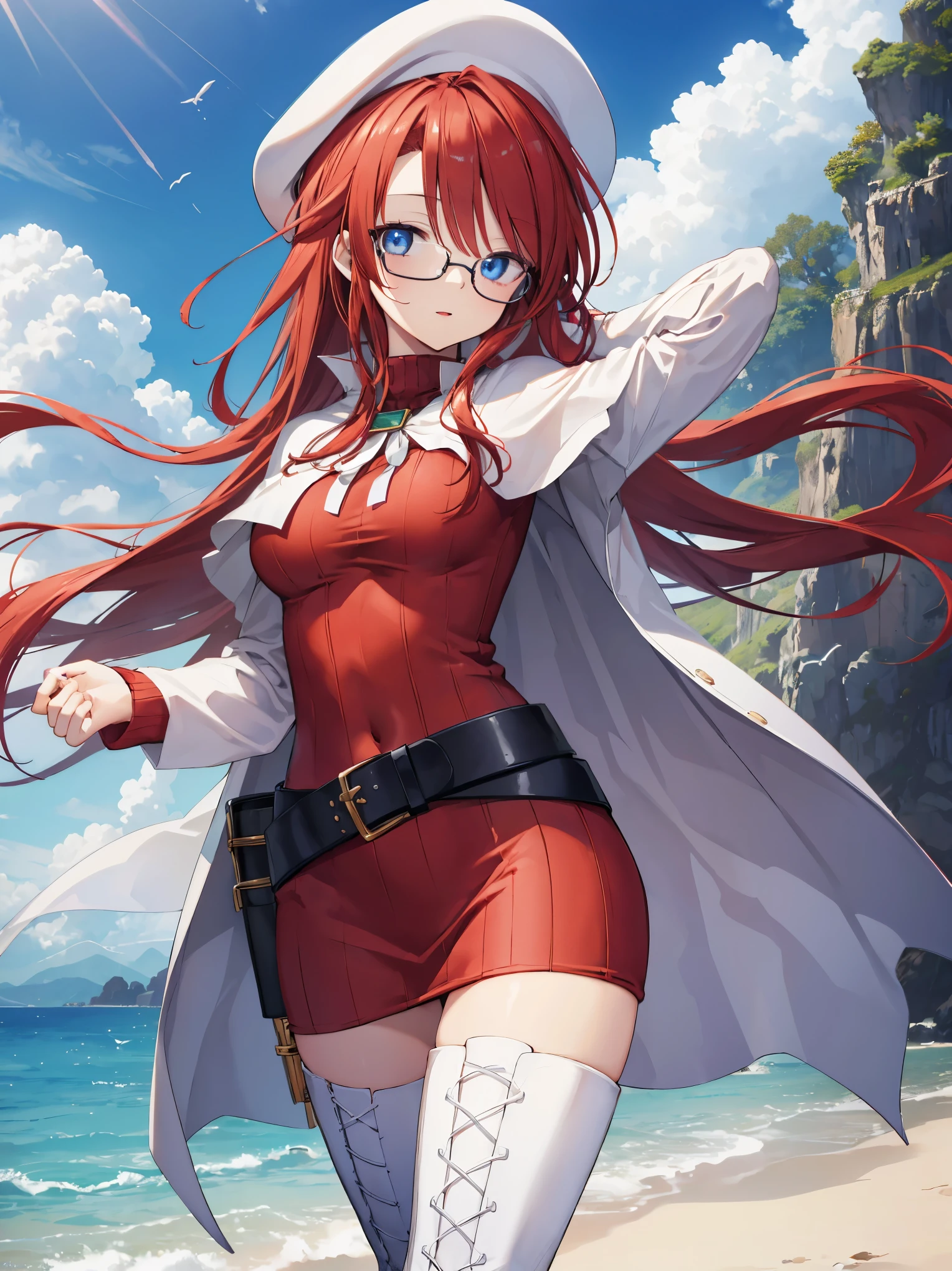 pov,nsfw,summonnightaty, aty, (young:1.3),long hair, blue eyes, red hair, beret, hat, glasses,
BREAK long hair, thighhighs, hat, dress, boots, glasses, belt, cape, sweater, zettai ryouiki, beret, thigh boots, white footwear, ribbed sweater, loose belt,solo,
BREAK outdoors, fantasy,
BREAK (masterpiece:1.2), best quality, high resolution, unity 8k wallpaper, (illustration:0.8), (beautiful detailed eyes:1.6), extremely detailed face, perfect lighting, extremely detailed CG, (perfect hands, perfect anatomy),covered_nipples,covered_navel,light_smile ,(half_eyes:1.4),sword,armpit,sleepy,dynamic_dancing,barrel,red_sweater,apart_legs,magical_effect,spread_legs,light_open_mouth,solo,In beach,side_view