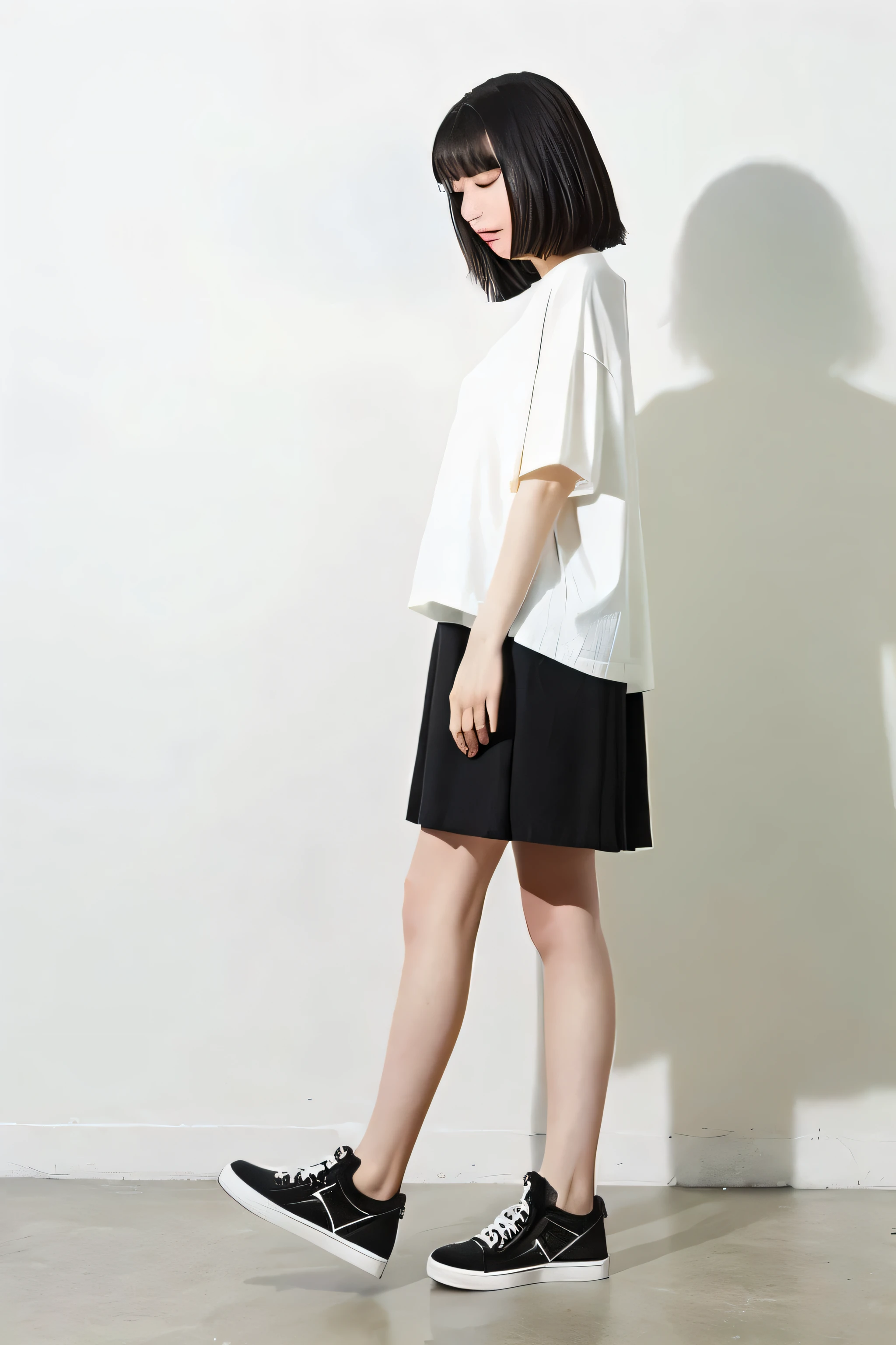 (Very detailed, reasonable design, Clear lines,Best quality, Masterpiece,Light and dark light Canon photography crystal clear （realisticlying:1.2）A beautiful woman in a white t-shirt, short black leather skirt, black high heel shoes.
