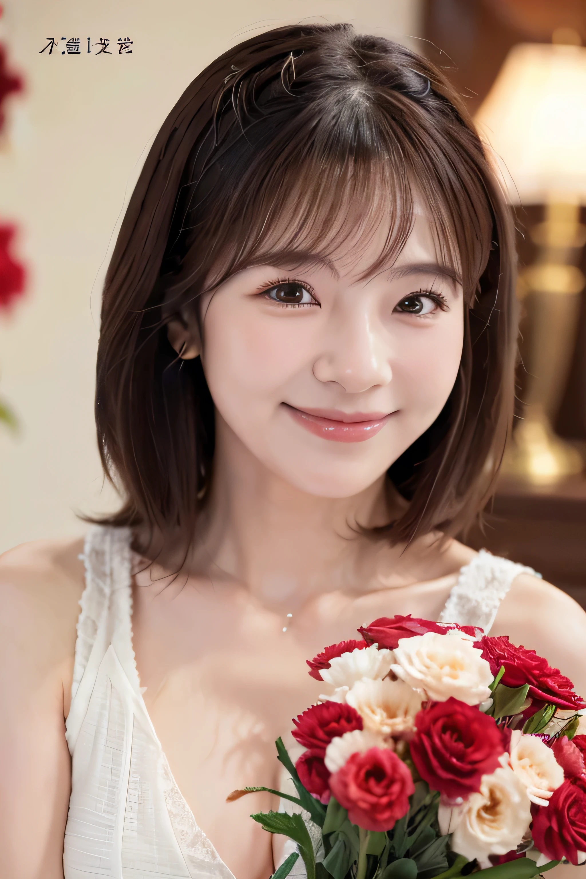 Very beautiful woman at 55 years old、Smiling Kindly、Cleavage、Mother’s Day、Bouquet of carnations、living room、Natural light、Accurate、Anatomically correct、Textured skin、Super Detail、 Attention to detail、highest quality、High resolution、Genuine、realism、RAW Photos、Genuine、masterpiece