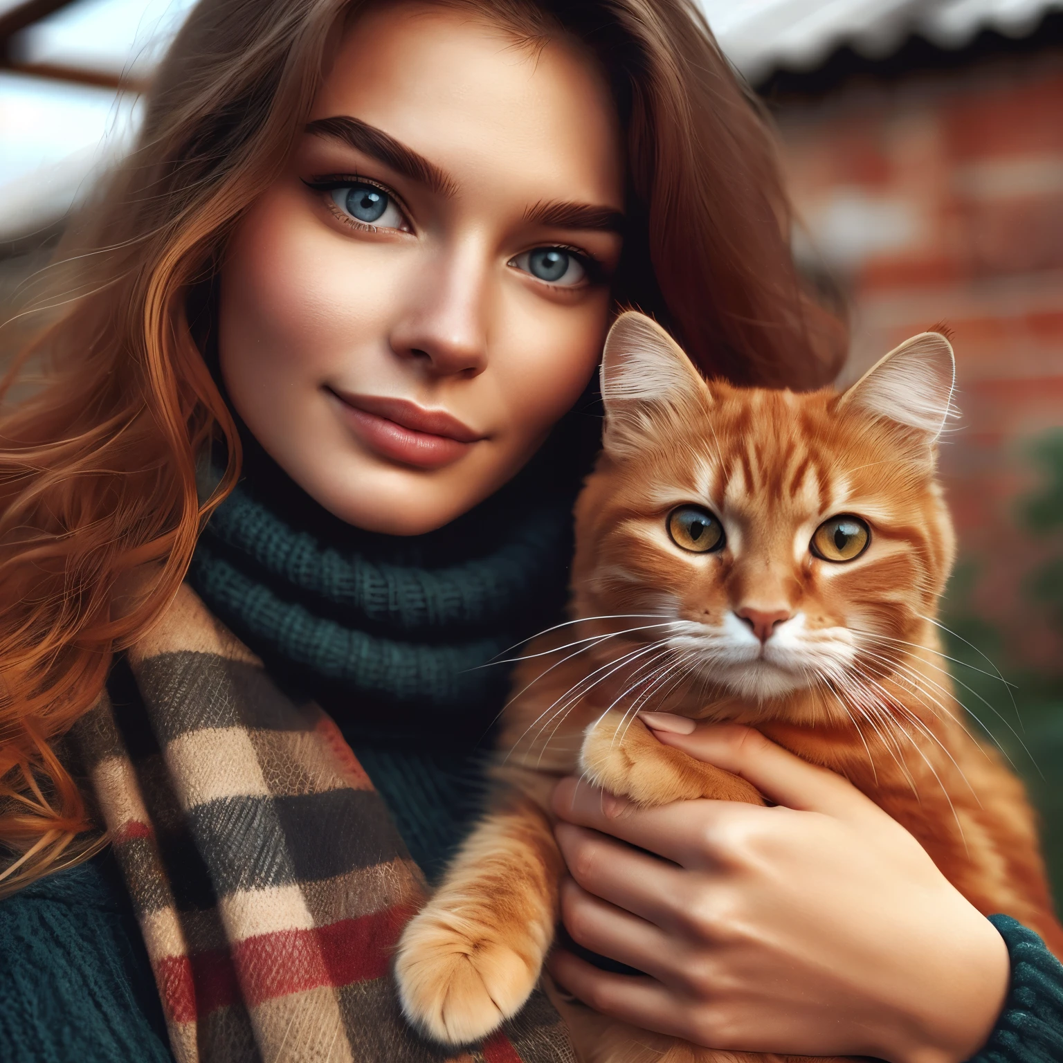 a woman, holding a reddish-yellow tabby cat