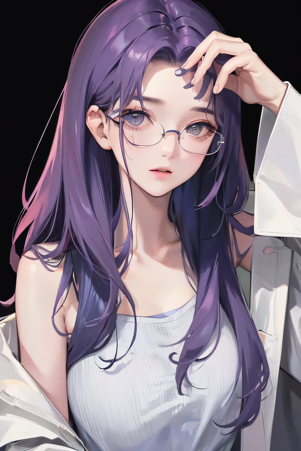 (Top resolution、Distinct_image)top-quality、femele、​masterpiece、ighly detailed、Semi-realistic、dark blue hair、Dark hair、grey  eyes、bangss、21years old、Mature、young、comfy clothes、Exquisite facial features、Facial features, pink color shade hair, glasses, white background