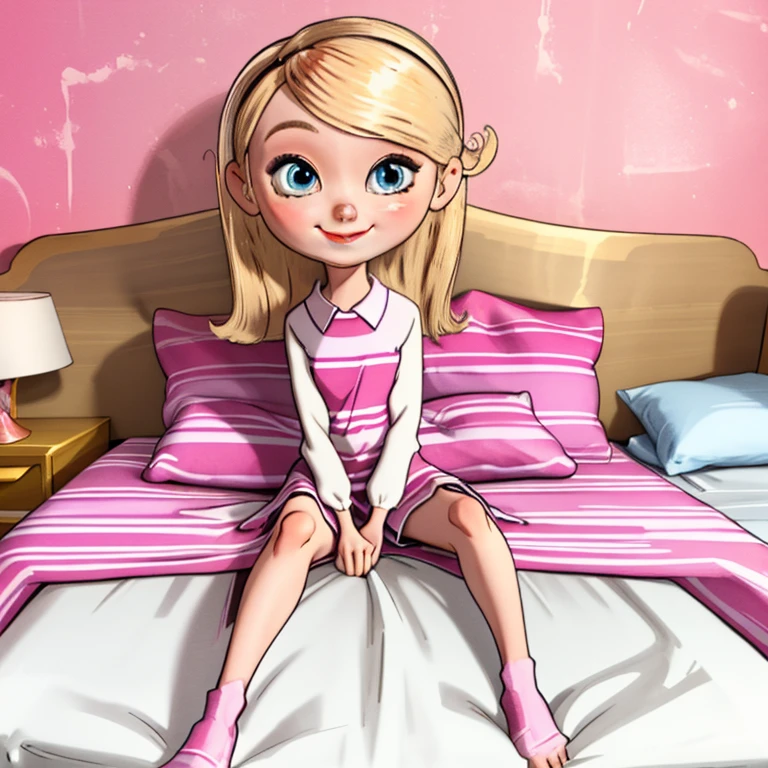 1girl, , solo, smile, cute, looking at viewer, sleepy, pink, pink bedroom, penny peterson, long blonde hair, blonde hair, blue eyes, lolicon, laying in bed, pussy, spread legs, full body view