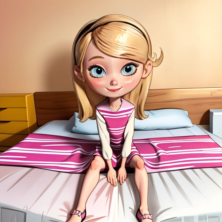 1girl, , solo, smile, cute, looking at viewer, sleepy, pink, pink bedroom, penny peterson, long blonde hair, blonde hair, blue eyes, lolicon, laying in bed, pussy, spread legs, full body view