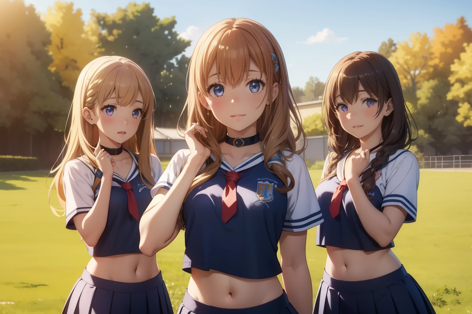 5girls, (multiple girls), highly detailed, best quality, illustration, game cg, perfect anatomy, beautiful cute face girl, beautiful hair, beautiful detailed eyes, choker, cheerleader, midriff, tight top, school field, natural lighting, aichan, latifa fleuranza, yuigahama yui