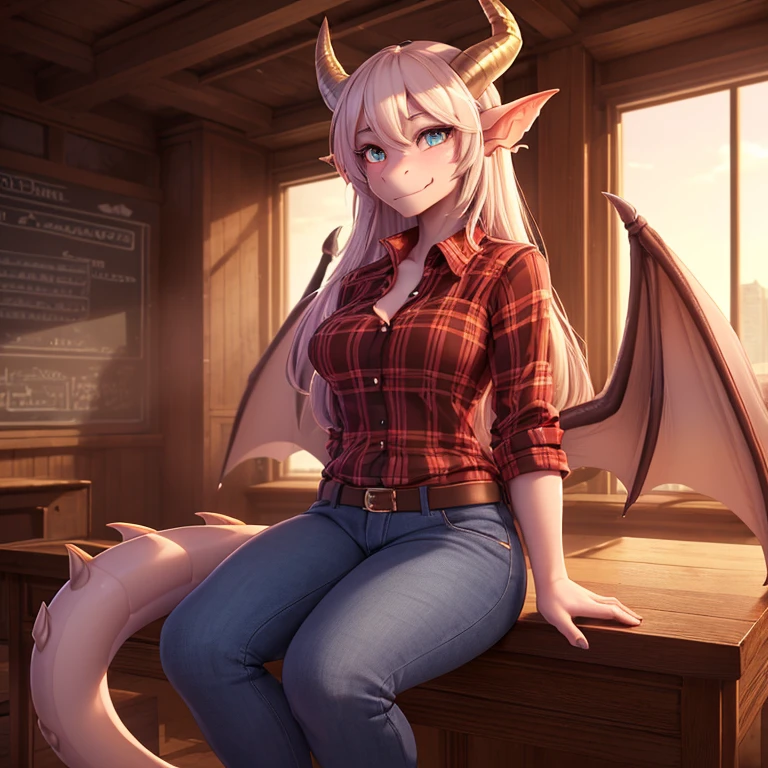 25 year old attractive woman, cute face, (dragon girl:1.4), (scaled skin:1.2), (highly detailed scales:1.1), horns, tail, long nose, wings, wearing flannel shirt and jeans, beautiful eyes, sitting on desk, in classroom (masterpiece, high resolution, ultra detailed eyes, ultra realistic, beautiful lighting, 4K, 8k, highly detailed)