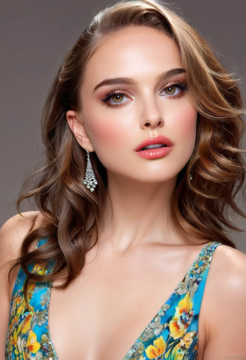 portrait，best quality,high resolution,Fashion Illustration,Elegant Model,Beautiful and delicate eyes,Detailed lips and face,Stylish glamour,Track laying,bright colors,Elegant dress,Gorgeous accessories,Professional studio lighting,Ultrafine coating,Realistic textures,Art tour，