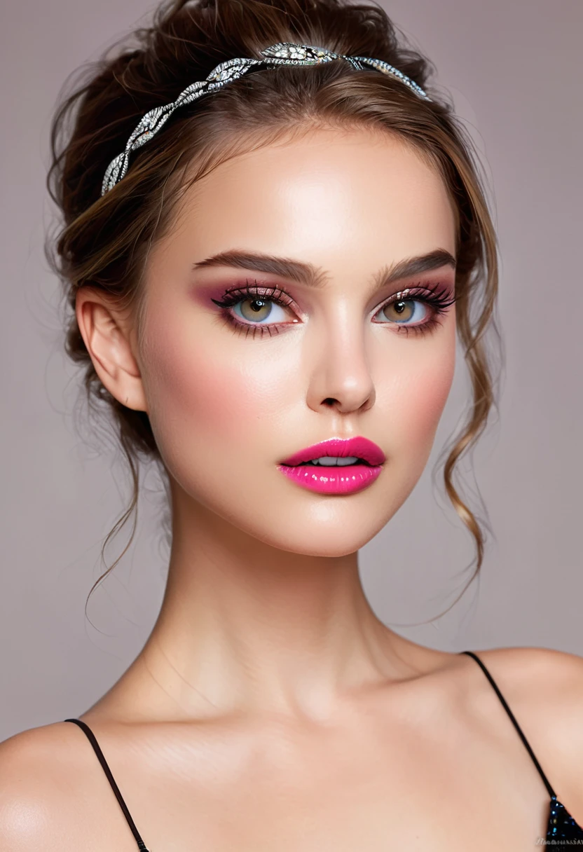 portrait，best quality,high resolution,Fashion Illustration,Elegant Model,Beautiful and delicate eyes,Detailed lips and face,Stylish glamour,Track laying,bright colors,Elegant dress,Gorgeous accessories,Professional studio lighting,Ultrafine coating,Realistic textures,Art tour，