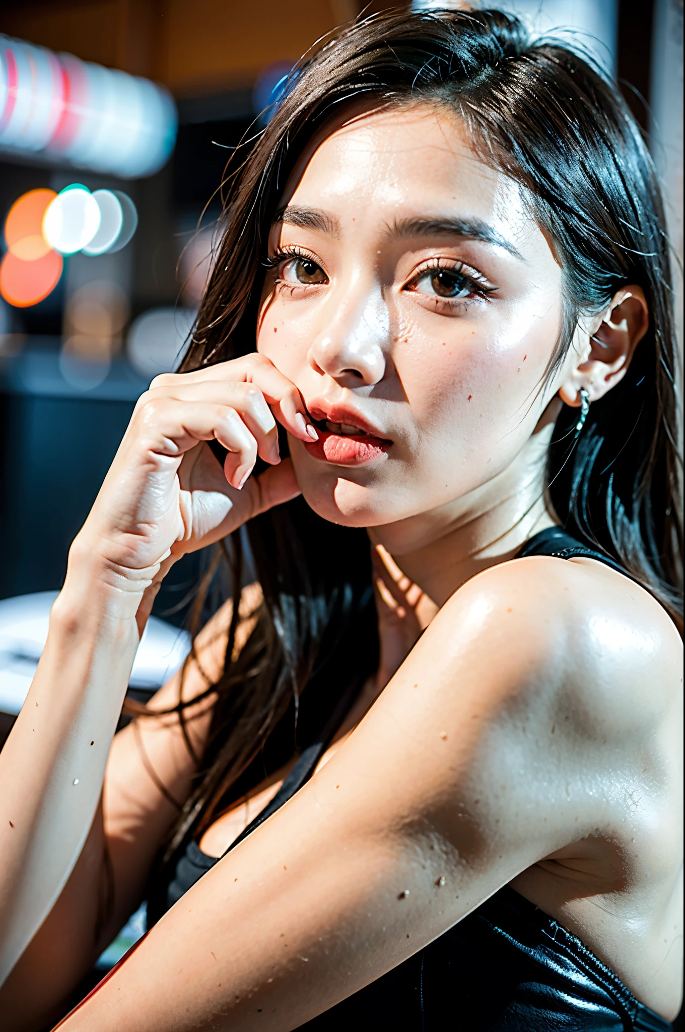 (8K high quality), ((25-year-old office girls)), (milky white skin), (long blonde hair), ((Photo taken from the front)), (Beautiful face with double eyelids), (realism: 1.4), ((Wearing a sexy office dress, showing cleavage, showing collarbones, showing arms)), ((making eye contact with the audience))