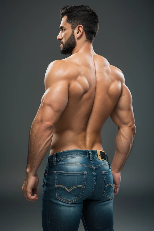 Realistic 8K image of a 33-year-old man, rubio,(( Fuerte, musculoso y nalgon)), cabello corto, ojos verdes, Vestido con una camiseta blanca sin mangas y jeans negros, shy expression, de pie en la sala de estar de un apartamento sencillo, escena nocturna. Big muscles body, Big butt, Cuerpo completo jeans backside