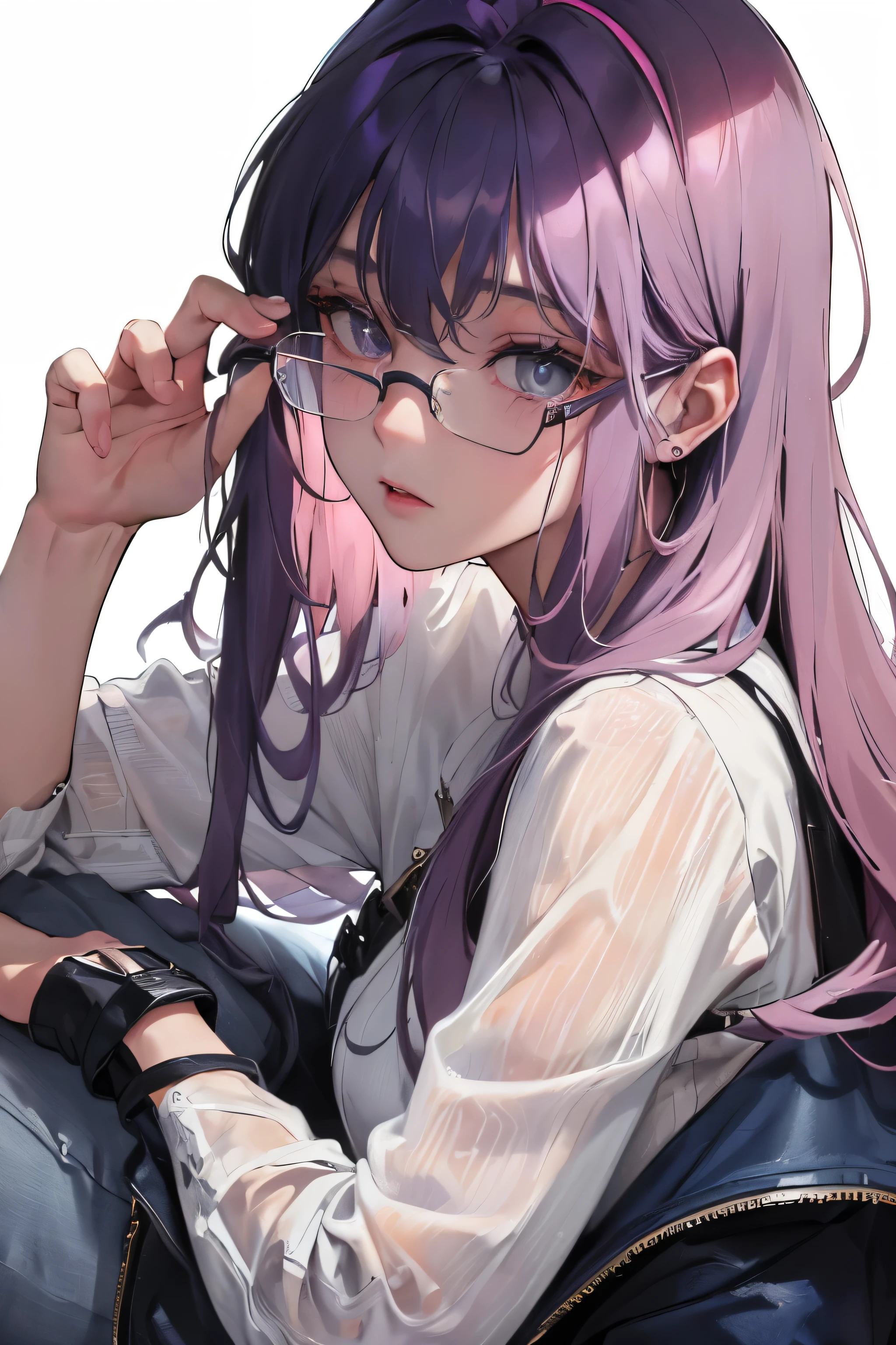 (Top resolution、Distinct_image)top-quality、femele、masterpiece、ighly detailed、Semi-realistic、dark blue hair、Dark hair、grey eyes、bangss、21years old、Mature、young、comfy clothes、Exquisite facial features、Facial features, pink color shade hair, glasses, white background, tan skin, dark skin