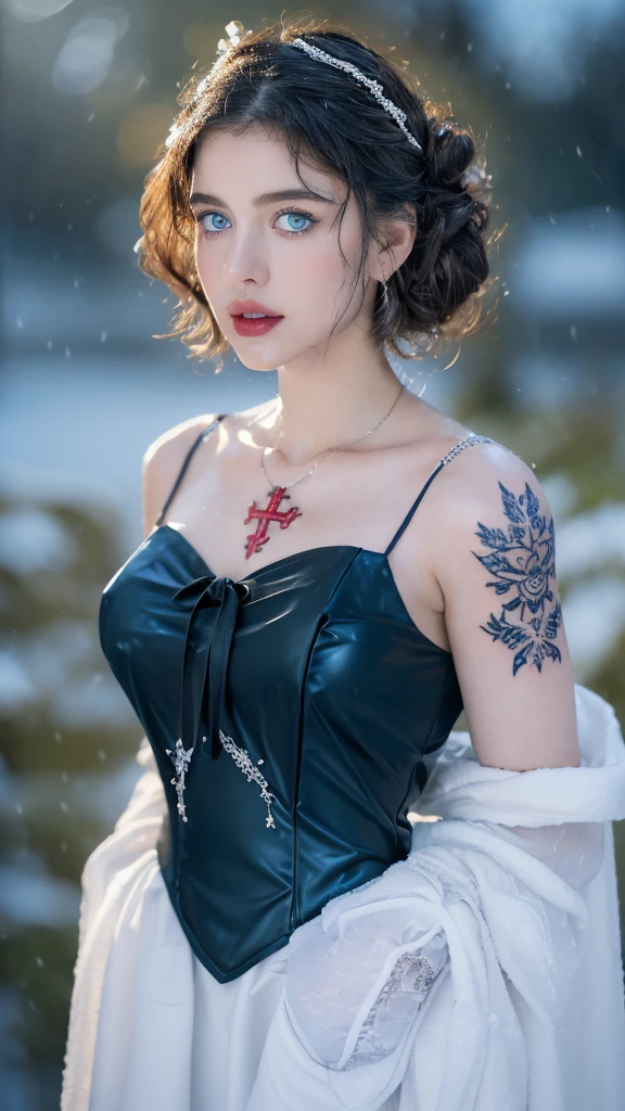 1 miniature Beautiful beautiful woman - Yuan Sayuki, ((top quality, 8K, Masterpiece:1.retty woman, 1 woman, huge breasts:1.3, a slim body:1.1, lush GINGER short hair with 2 buns, (shower, wet body, wet clothes:1.1), very detailed face, detailed lips, detailed eyes, double eyelids, Detailed blue eyes, чрезвычайно Detailed Outstanding Blue Eyes, short GINGER wet hair, GINGER wet hair, Detailed Outstanding Blue Eyes, innocent look at the viewer, very wet wavy white hair, Detailed Outstanding Blue Eyes, huge cross earrings, Outdoors, badges behind, gothic maid uniform, sexy maid dress, bare chest, huge chest tattoo, detailed huge catholic cross earrings, chest tattoo, Outside, wear a silver cross (Detailed cross shape), reality mode, wet breasts, black necklace, human crowd behind, black latex gloves, hair of white snowy colour, night time, red neon lights, demonic nun, nimbus (golden lighting ring above her head), angel, snowy weather, sexy pose, white lingerie, black maid dress, detailed flower wreath made of different colours, open chest (tattoo on her chest)