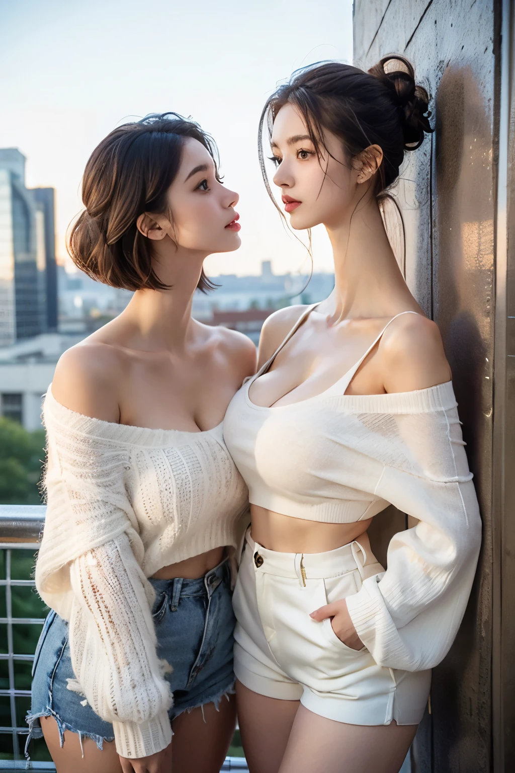 ultra detailed, best quality, a casual photo of two girls, outdoor backdrop, loose short wavy hair, off the shoulder sweater, high rise shorts, massive breasts, cleavage, (longneck:1.4)