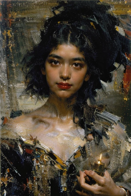 (best quality,4k,8k,highres,masterpiece:1.2),ultra-detailed,realistic:1.37,A girl as Catrina walking through the dark and damp streets,portrait style,detailed facial features,long black hair,clean and elaborate makeup,bright and vibrant colors,expressionless on her face,confident and determined gaze,graceful and delicate movements,flowing and elegant dress,golden and intricate embroidery,scattered rose petals around her,flickering candlelight,illuminating the surrounding darkness,colorful papel picado hanging above her,adding a festive atmosphere,mysterious and eerie background,misty and foggy atmosphere,a full moon shining through the clouds,casting a soft glow on the scene,whispering shadows of skeletal figures,intricate and detailed cobblestone pavement beneath her feet,symbolizing the journey of life and death,creating a sense of history and culture in the scene.